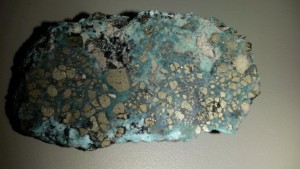 Fabulous Pyrite inclusions in this slice of Cananea Turquoise