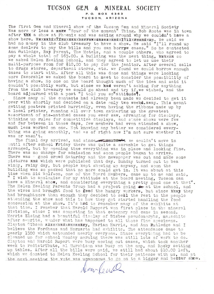 Mr. Caudle's typewritten description of the genesis of the Tucson Gem Show. Yes...there was a time when we had no word processors or home computers!