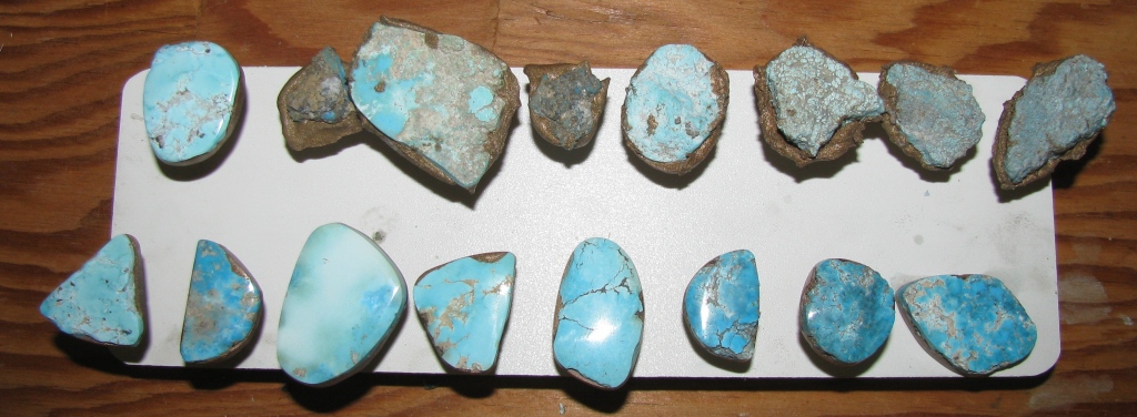 The bottom row is the same natural, untreated Morenci turquoise pictured in the above bottom row, only now polished with diamond coated sanding wheels on our Diamond Pacific © Titan © cabbing machine. This picture demonstrates the dramatic transformation that the use of lapidary machines can provide.