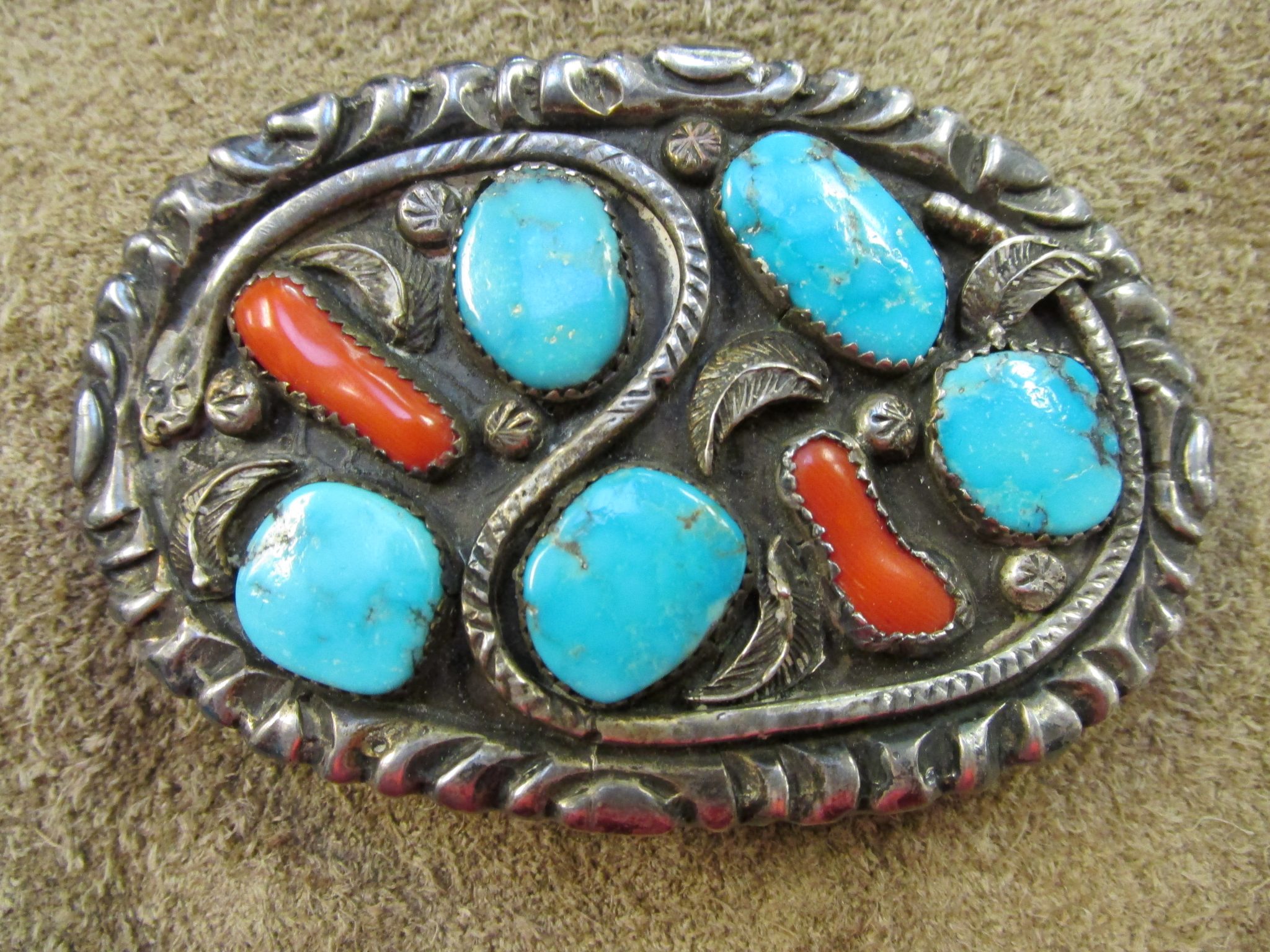 Turquoise and Coral Belt Buckle