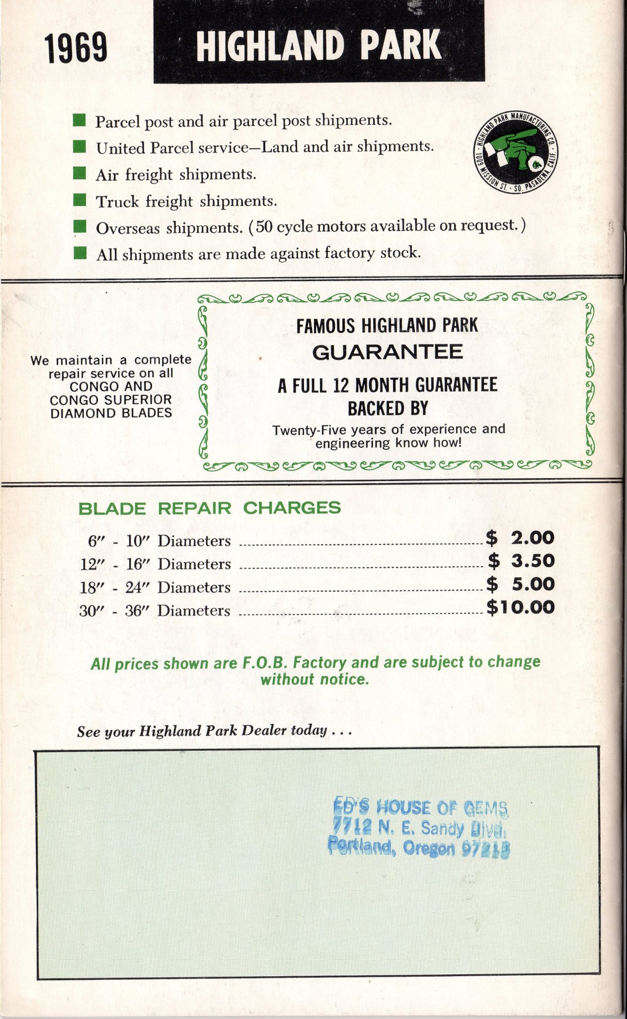 1969 Highland Park Lapidary Equipment Catalog