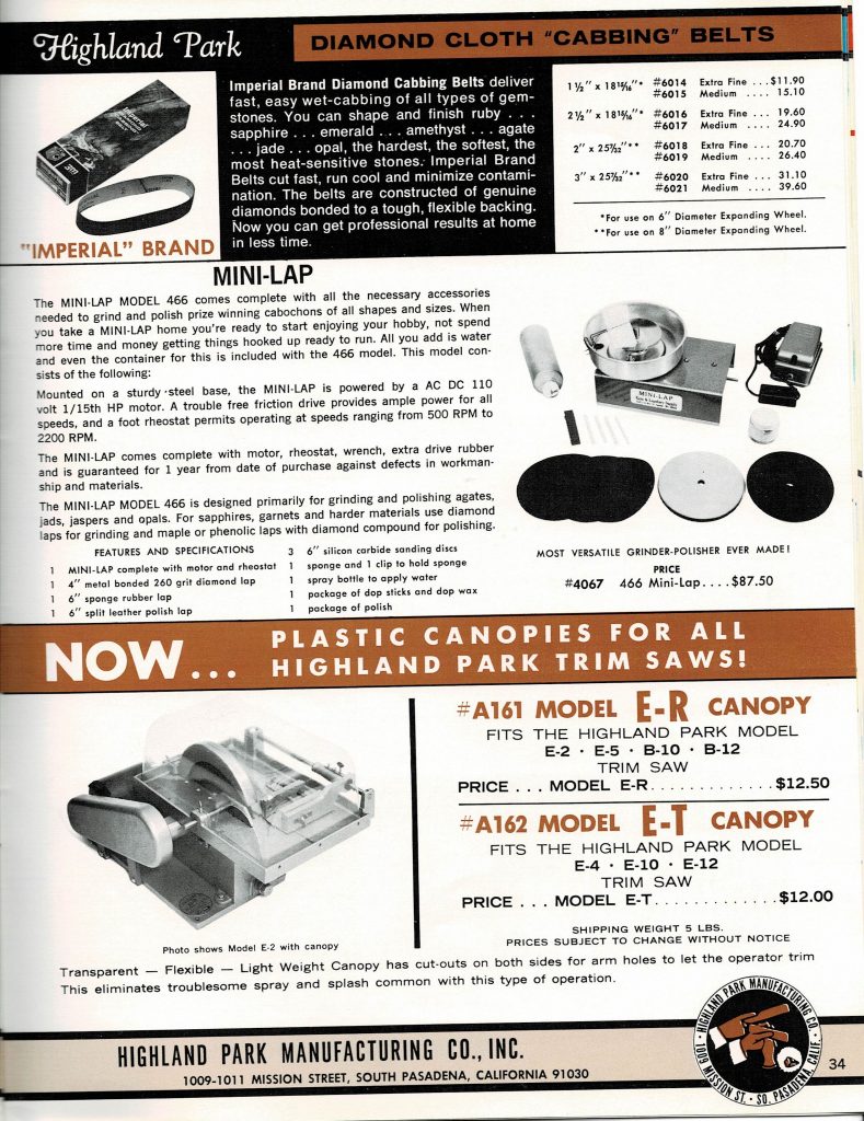 1970 / 71 Highland Park Lapidary Catalog Tucson Lapidary